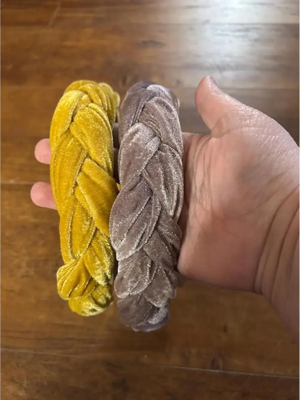 Set of 2 Velvet Braided Headbands in Yellow and Taupe